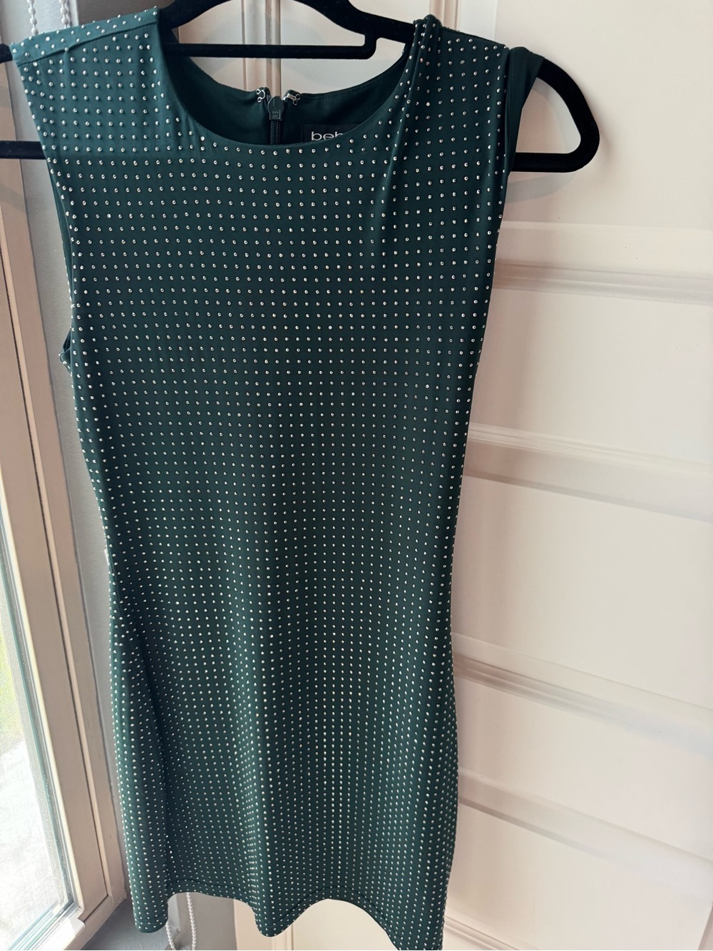 bebe Dark Green Sleeveless Studded Sheath Dress